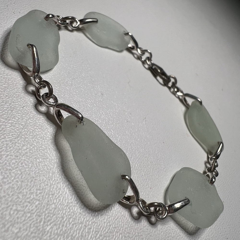 Frosted White Sea Glass Sterling Silver Link Bracelet